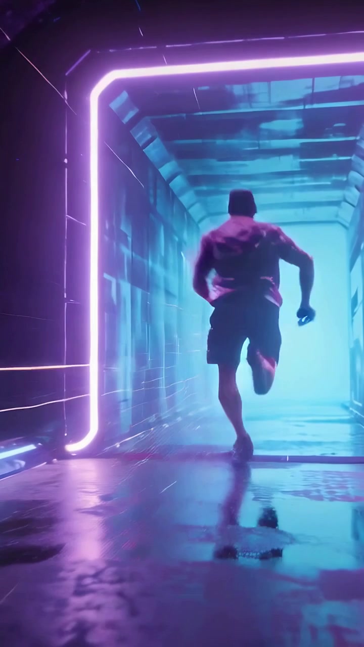 Video verticale: Uomo con giacca rossa che scatta lungo un tunnel al neon, attratto da un portale luminoso