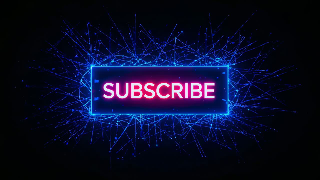 Animating neon SUBSCRIBE button on loop, radiating blue lines on black backdrop, inviting clicks