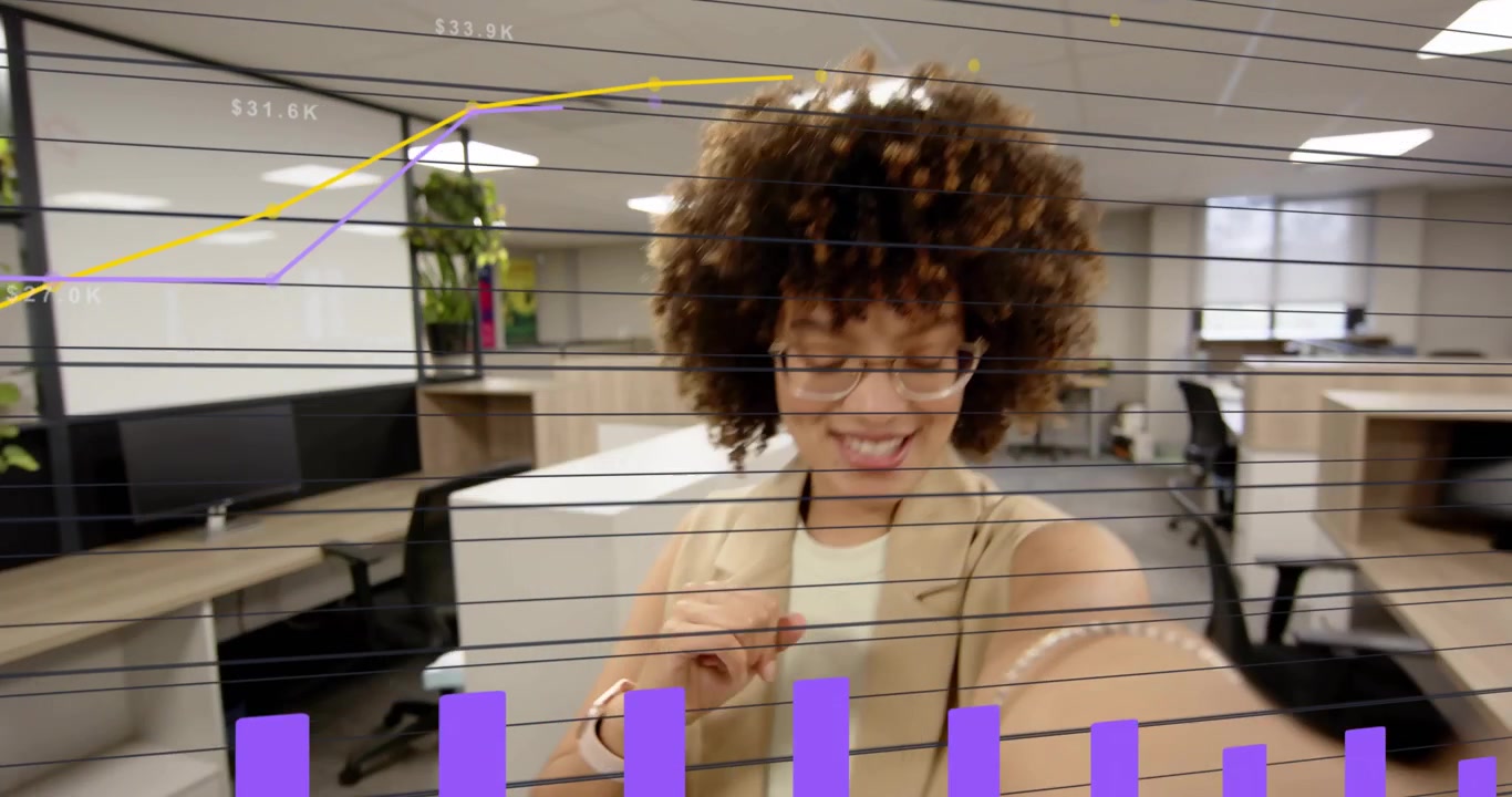 Woman reaching to camera holding phone and demonstrating business line chart and rising purple bars