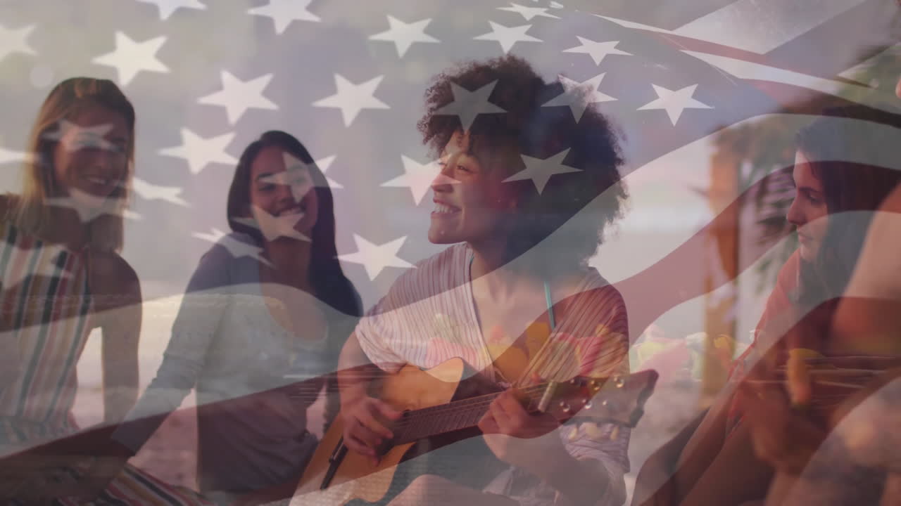 American flag animation over diverse group of friends playing guitar and smiling