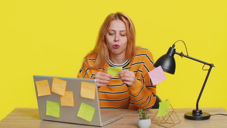 nervous woman with pasted sticker notes use laptop having concentration problem big routine work