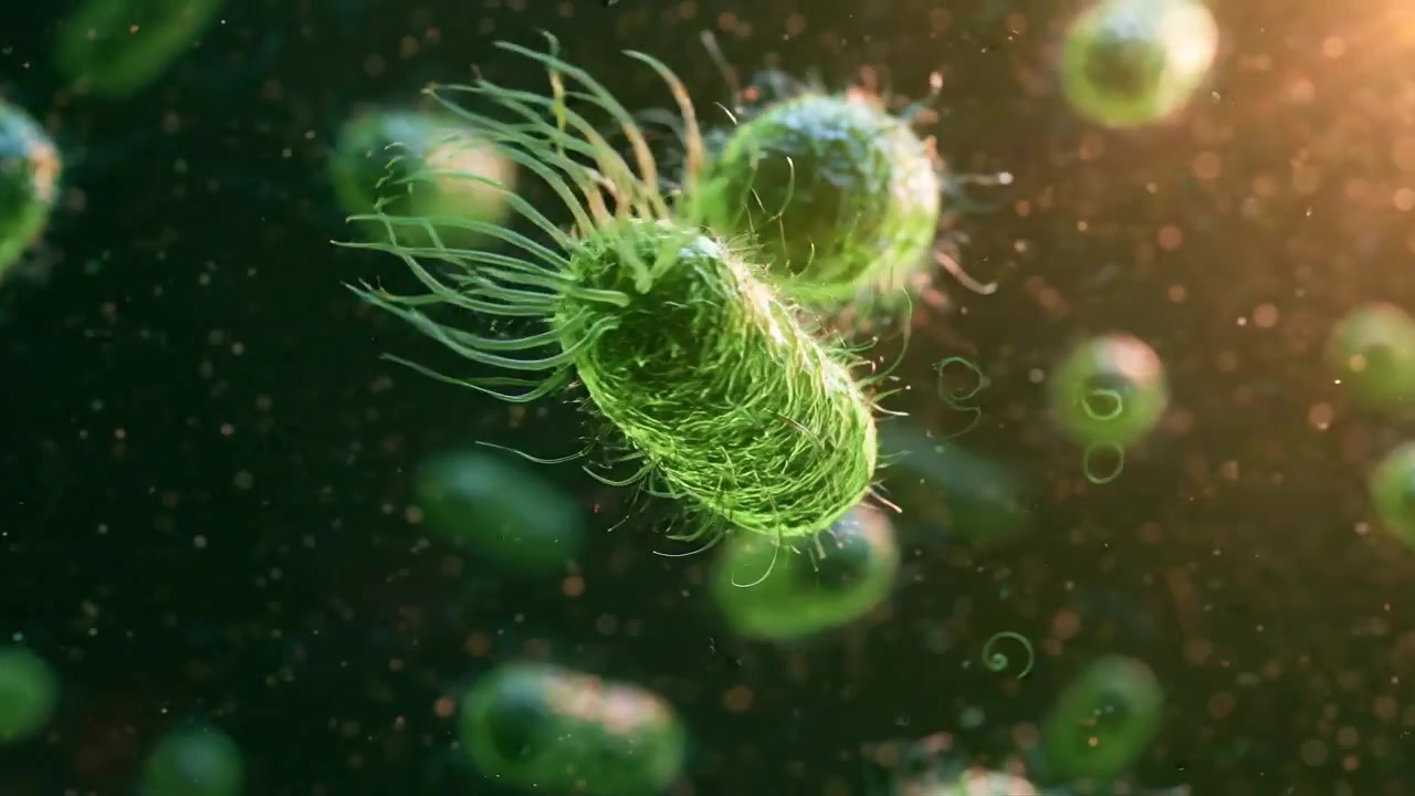 Bactéries vertes en forme de bâtonnet flottant dans un environnement microscopique sombre dans des séquences scientifiques détaillées