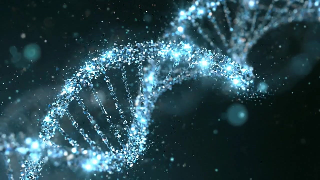 Blå DNA-tråd som flyter i en mørk molekylærbiologisk visualisering i bevegelse