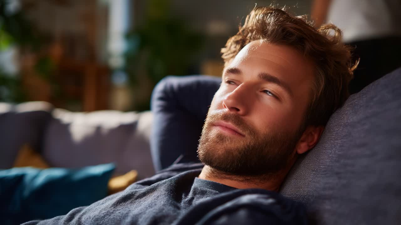 Relaxation and Contemplation: A Calm Man Resting on a Couch in a Cozy Living Room, Enjoying a Moment of Peace and Serenity in Soft Natural Light