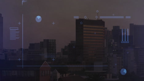 visualización de datos animados sobre el paisaje urbano al anochecer