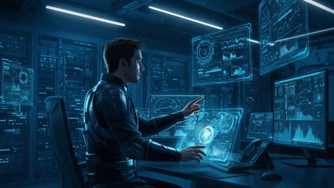 a sleek, futuristic interface showcases advanced data analytics as a focused operator engages with interactive holographic displays in a high-tech control room
