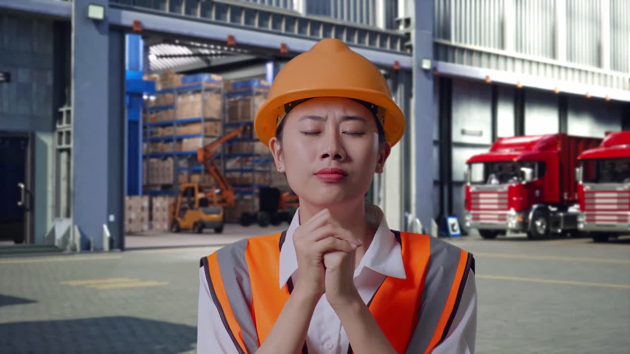 Close Up Of Asian Female Engineer With Safety Helmet Pray For Something, Outside of Logistics Distributions Warehouse