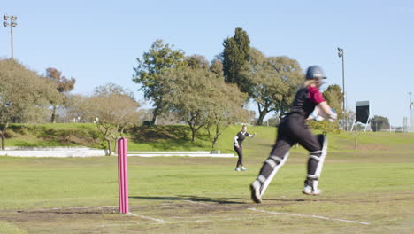 playing cricket, woman preparing to bowl on outdoor field, enjoying sunny day