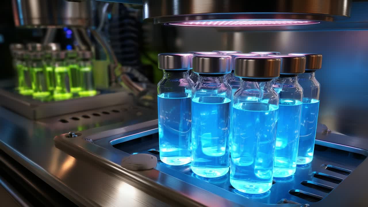 A Stunning Display of Vials Filled with Luminous Blue Liquid Under the Soft Glow of Equipment, Showcasing the Cutting-Edge Processes Involved in Pharmaceutical Development and Laboratory Techniques