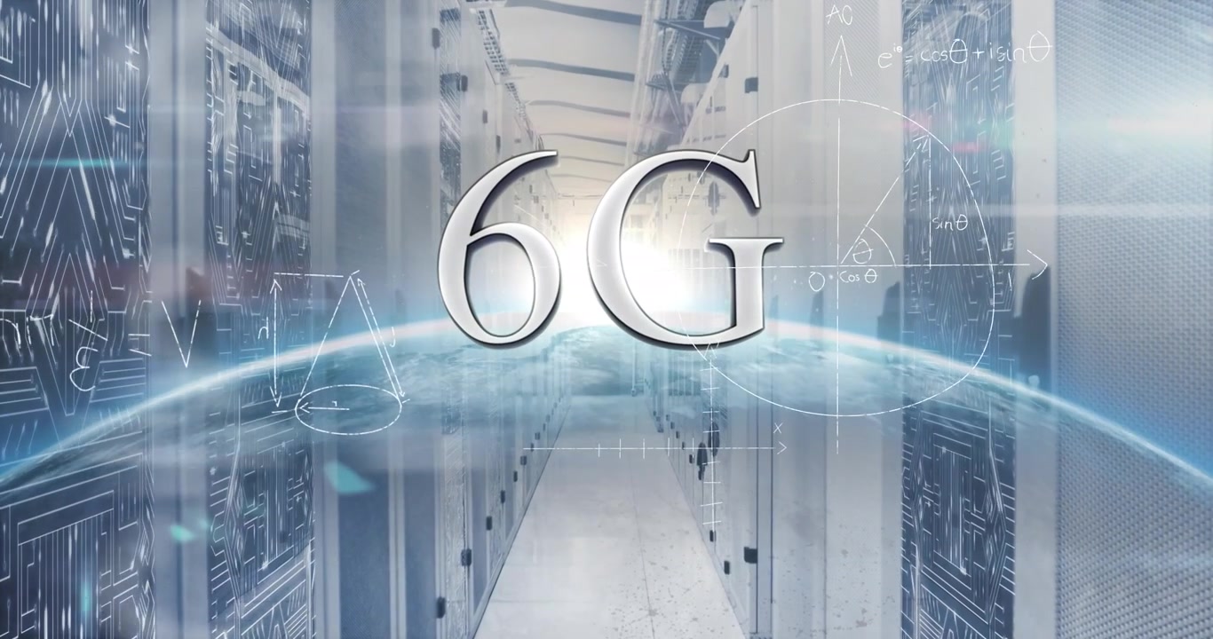 Animacja baneru tekstowego 6G i równań matematycznych nad globusem na tle serwerowni komputerowej