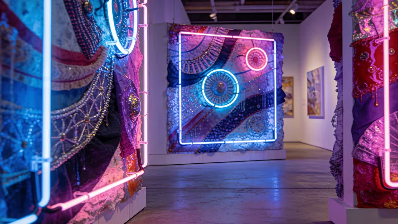 Câmera avançando e centralizando um quadrado neon central para destacar anéis em uma galeria, com painéis frisados