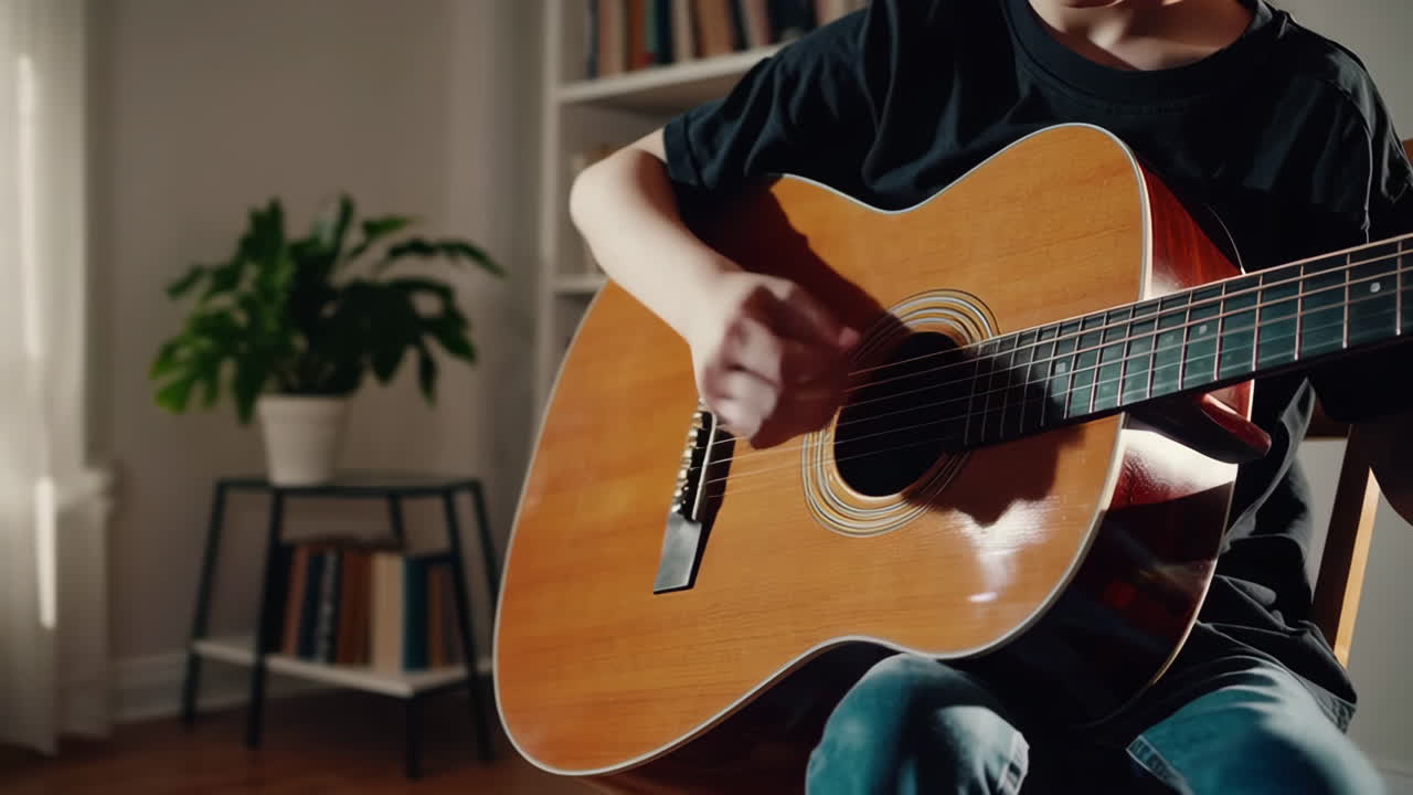 Child Playing an Acoustic Guitar Indoors