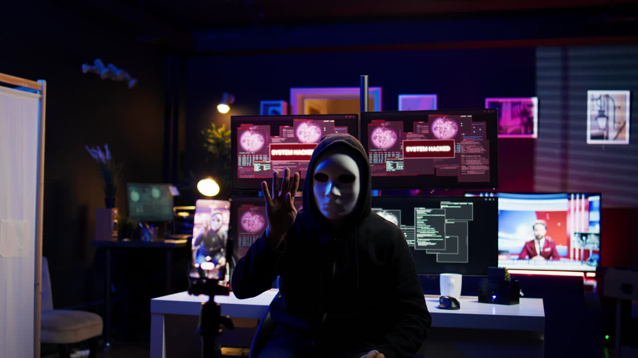 vigarista com máscara anônima usando celular para gravar imagens de chantagem, ameaçando vítimas