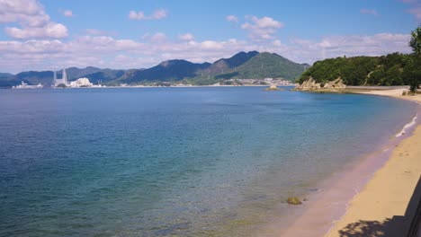 serene beach with mountain view