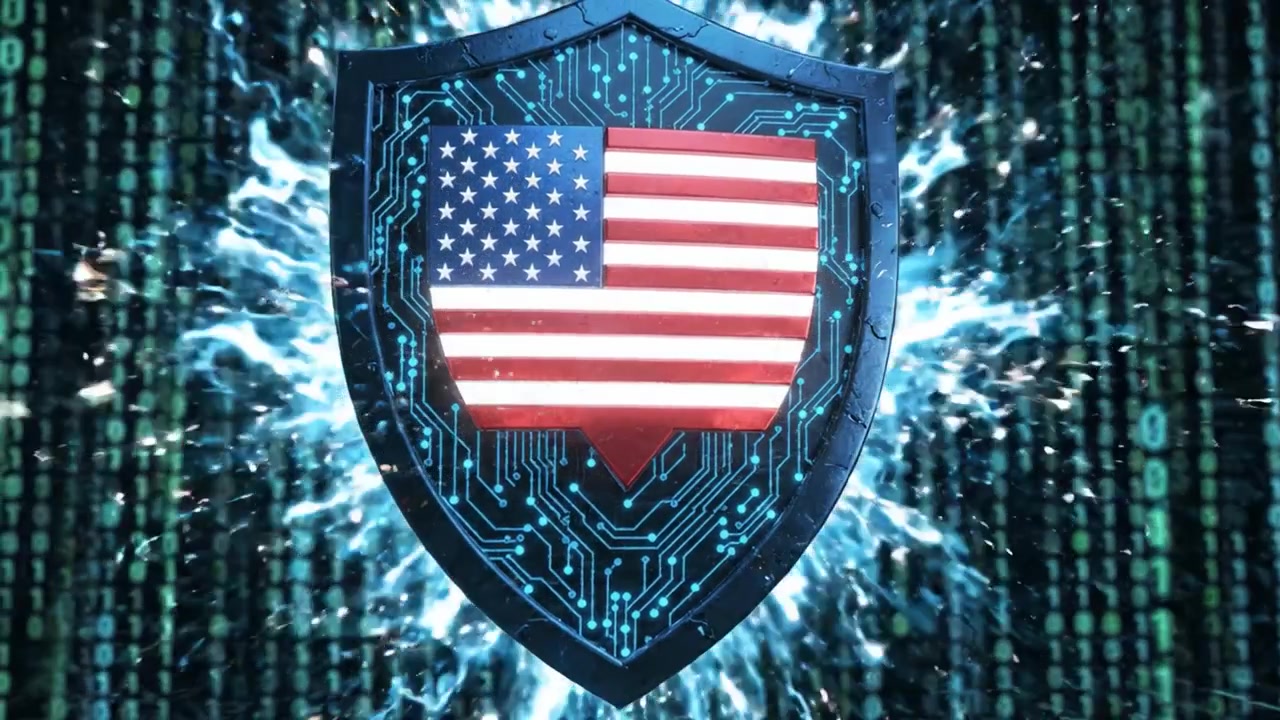 A Dynamic Contrast of Cybersecurity Imagery Featuring the American Shield Against Streams of Binary Code Symbolizing Digital Defense and Protection in the Modern Age