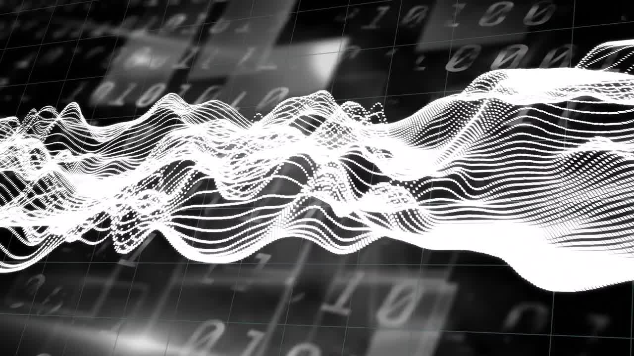 Animation of glowing white light trails and binary coding on back background