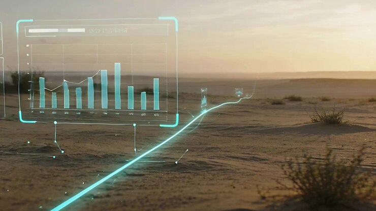 Appearing cyan line sparking hologram panels growing across sandy dunes at sunset, marking corridor