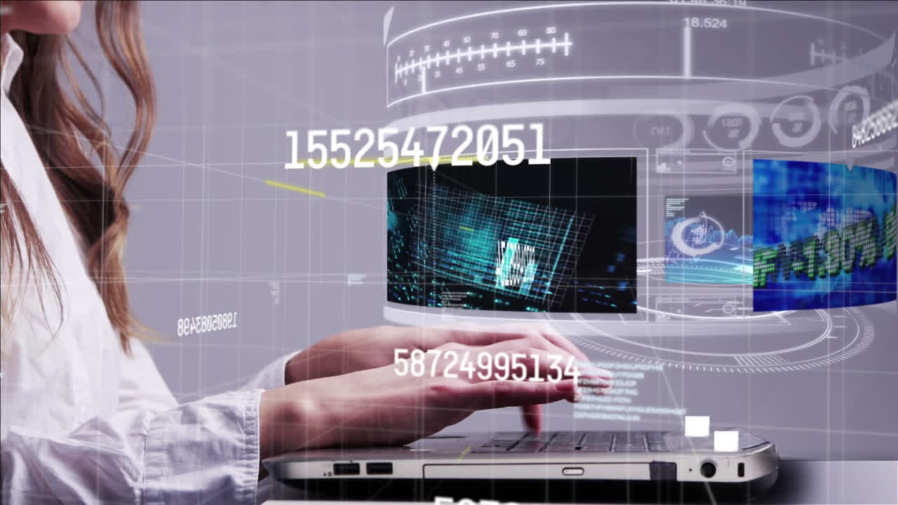 animación de números cambiantes y procesamiento de datos sobre la mujer usando computadora