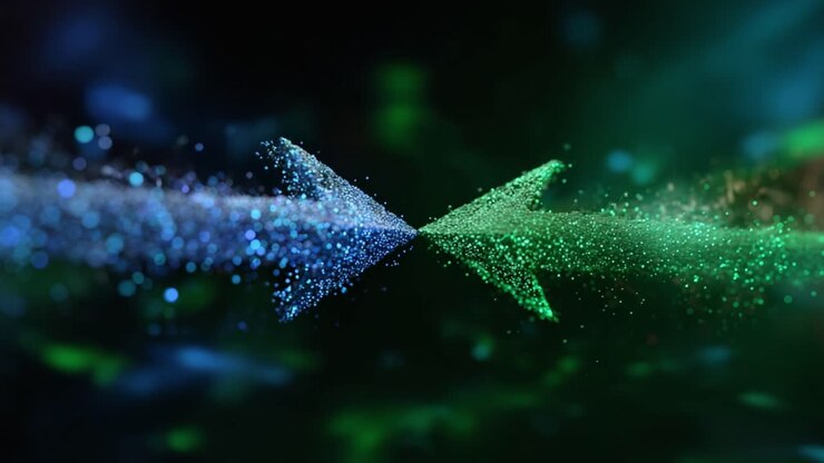 Dynamic Sparkling Arrows in Motion: A Stunning Visual of Two Streams of Colorful Particles Moving in Opposite Directions, Creating an Engaging Display of Light and Energy