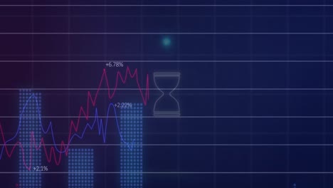 Animation-of-neon-circle-with-hourglass-over-digital-screen-with-financial-graphs