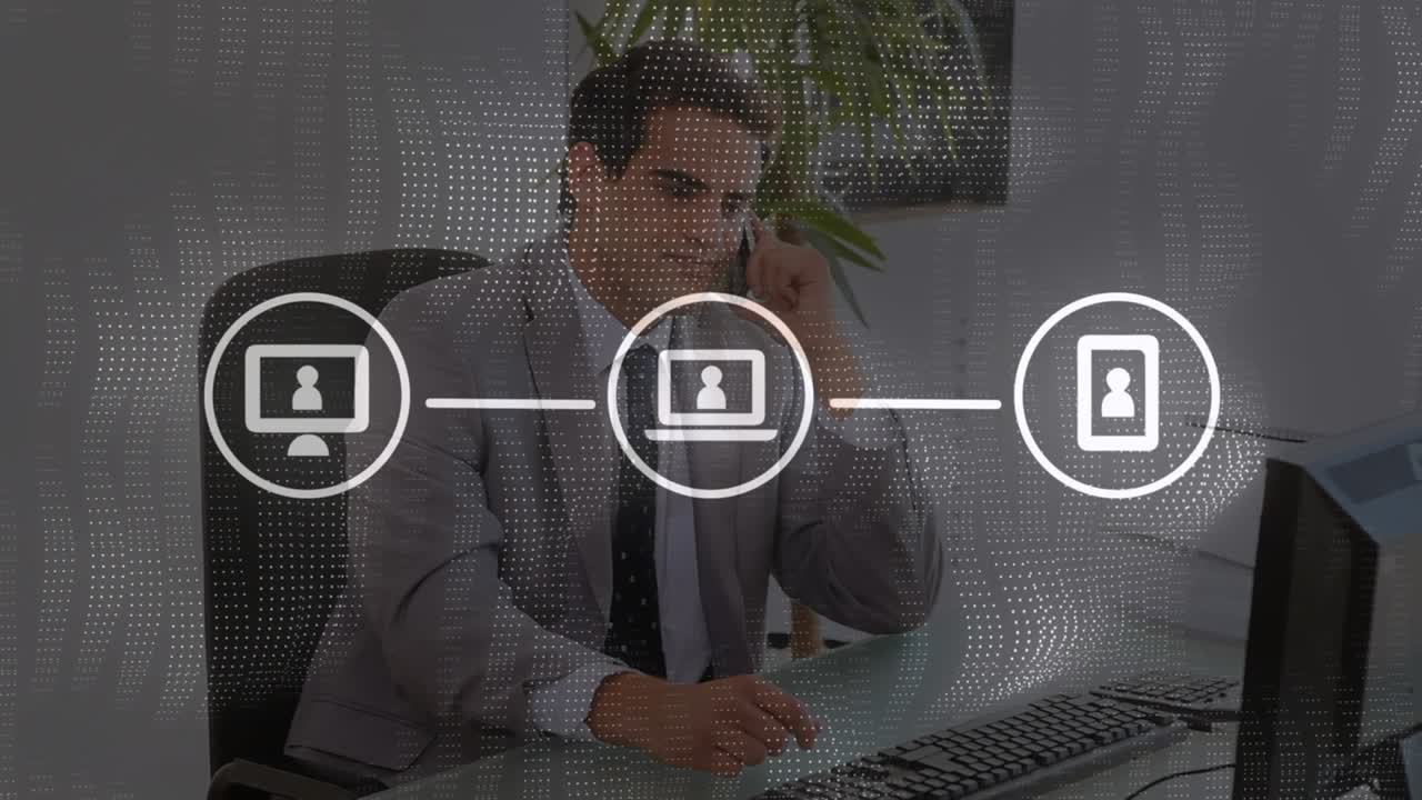 Animation of wireless icons in flow chart over caucasian businessman talking over phone in office