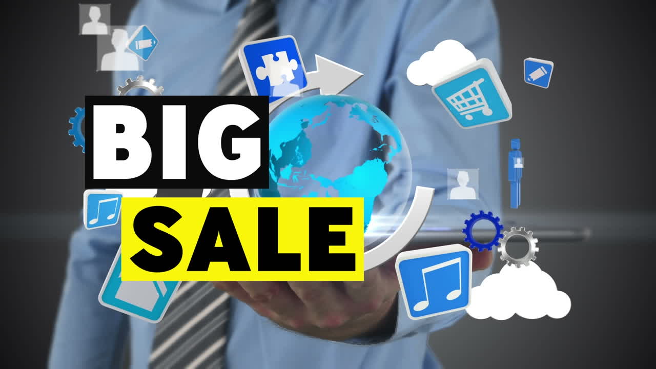 태블릿을 사용하는 백인 사업가에 대한 글로브와 아이콘으로 큰 판매 텍스트의 애니메이션.