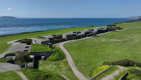 drone shot over whidbey island's retired fort casey, overlooking the puget sound.
