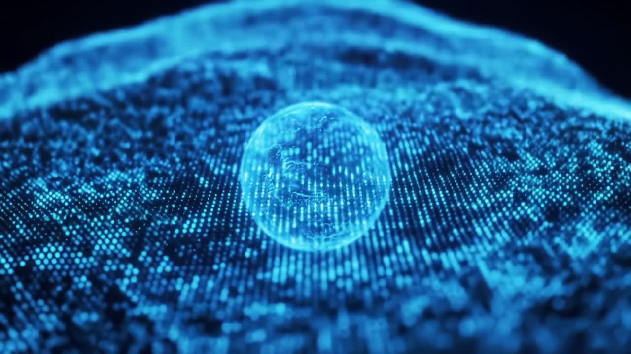 A Glowing Spherical Object Surrounded by Waves of Blue Digital Particles, Representing Advanced Technology, Data Visualization, and Futuristic Interface Concepts