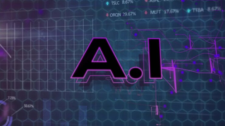 Animation of ai text over data processing and connections