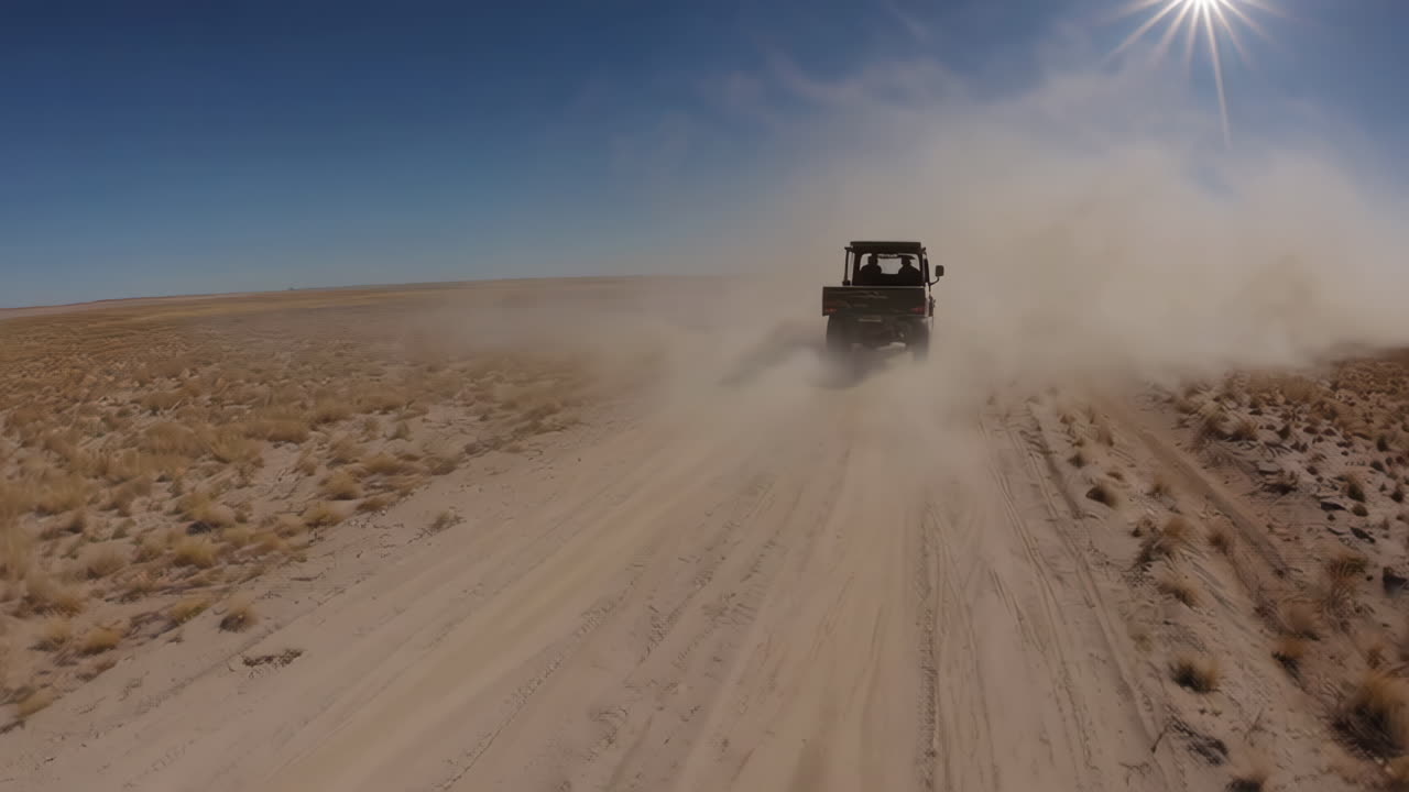 Off-road vehicle driving through the desert, kicking up dust
