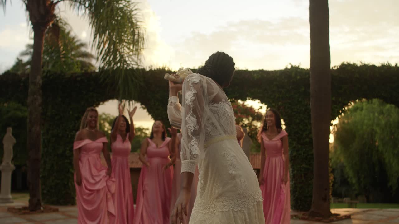 Wedding Bouquet Toss with Bride and Bridesmaids