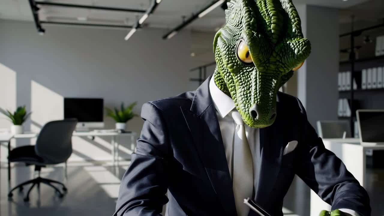 사무실에서 악어 마스크를 입은 사업가