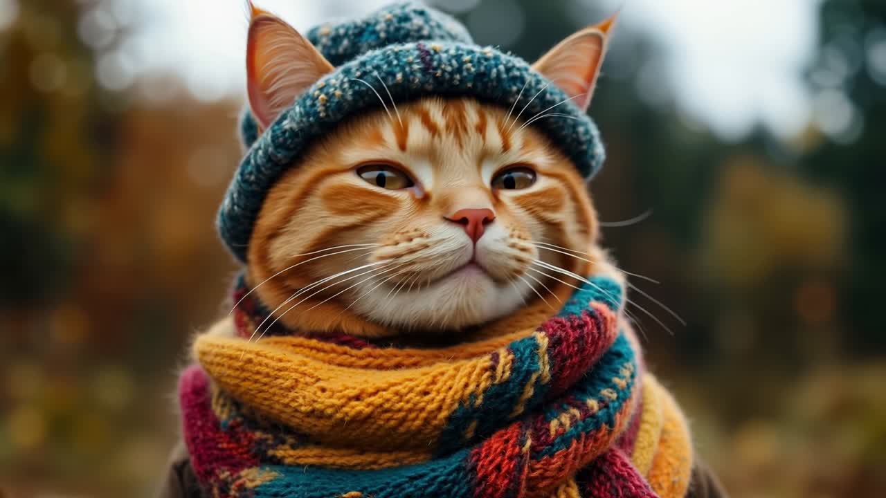 Seekor kucing mengenakan topi dan syal rajutan