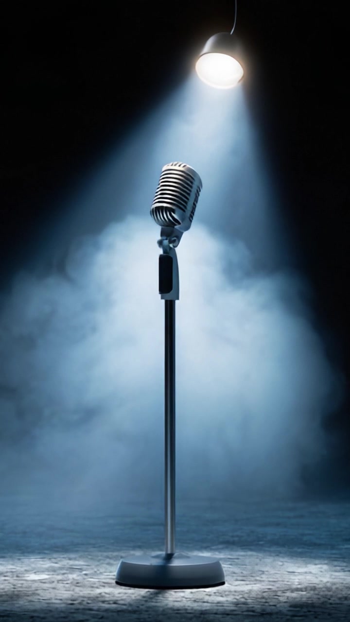 Un microfono vintage illuminato da un riflettore in un ambiente buio e nebbioso, che cattura l'essenza della musica e della performance in un'ambientazione drammatica