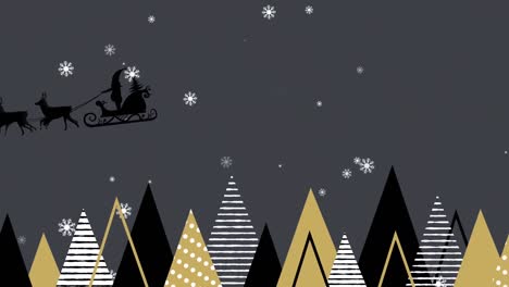Animation-of-santa-claus-in-sleigh-with-reindeer-over-fir-trees-and-falling-snow