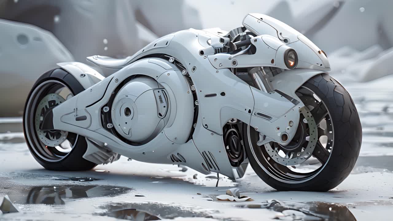 Futuristic White Concept Motorcycle in a Barren Landscape