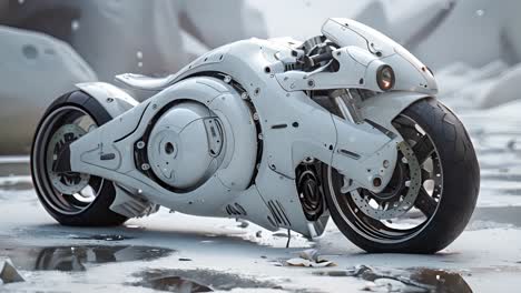 futuristic white concept motorcycle in a barren landscape