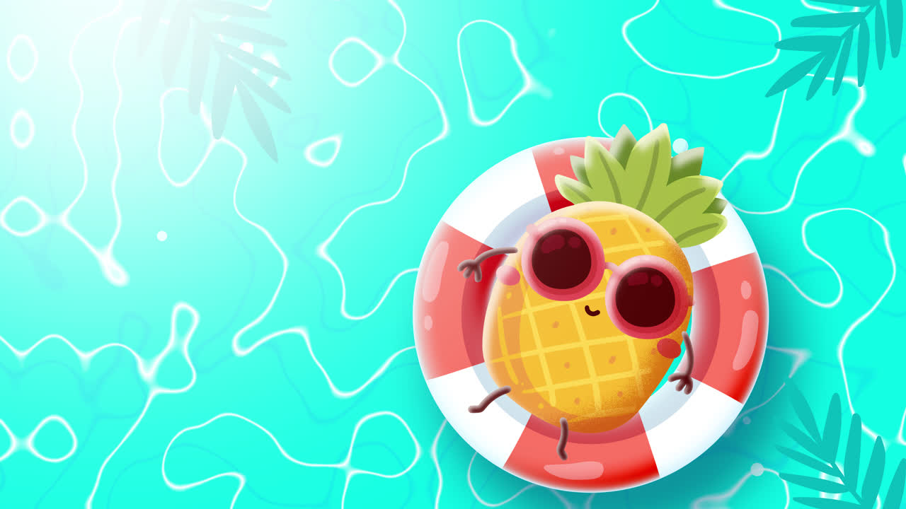 Cartoon Pineapple Floating in Swimming Pool with Lifebuoy