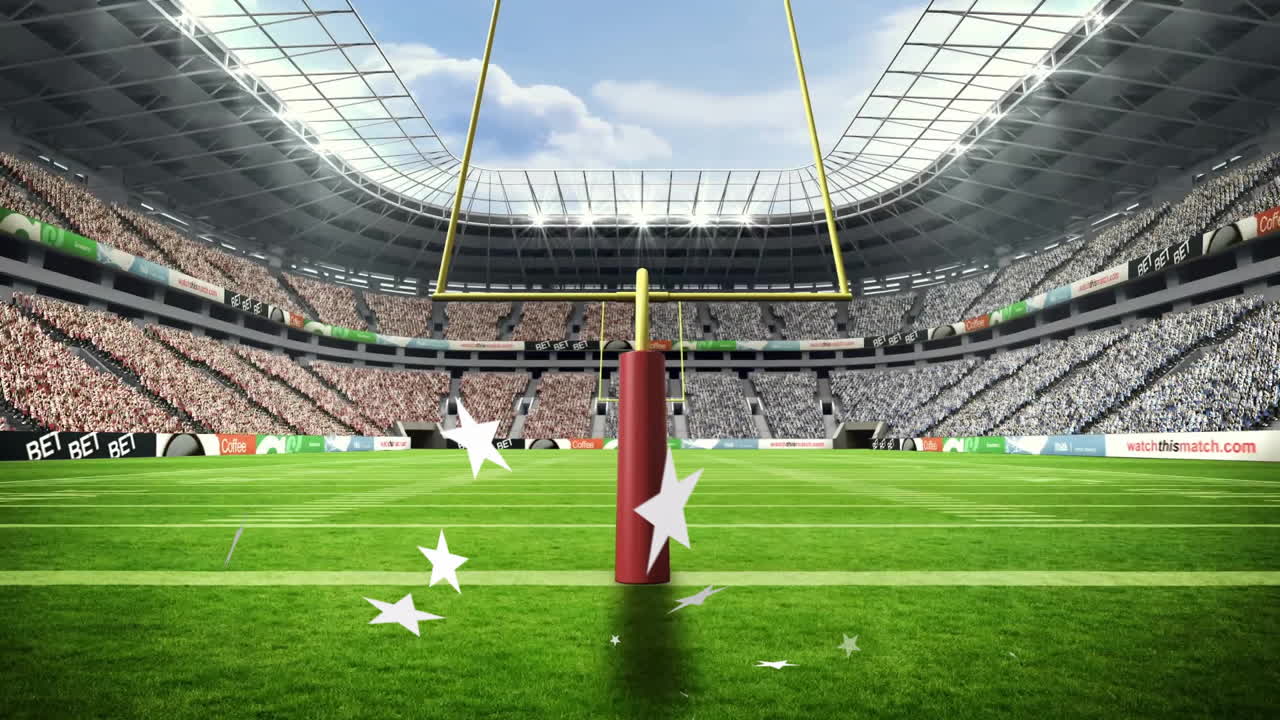Football stadium with goalposts and crowd, stars animation over green field