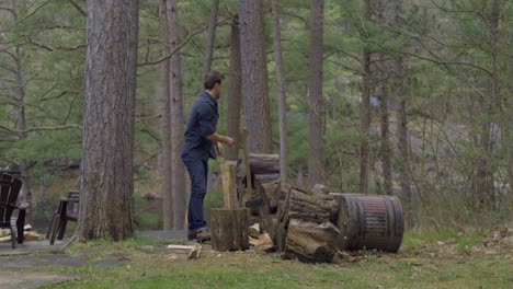 Man-chopping-wood-with-an-axe-in-a-forest-clearing,-surrounded-by-trees-and-a-stack-of-logs