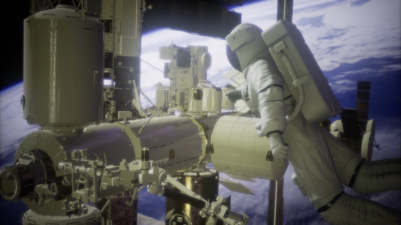 Astronauta effettua manutenzione all'esterno della stazione spaziale di giorno