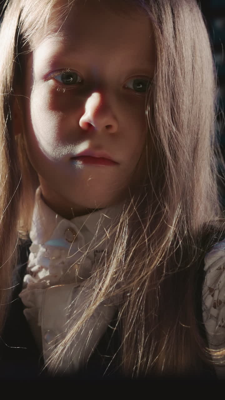 el niño rubio refina el sonido del sintetizador en el estudio. la joven intérprete ajusta el sonido del instrumento musical a la perfección. la importancia de la atención a los detalles