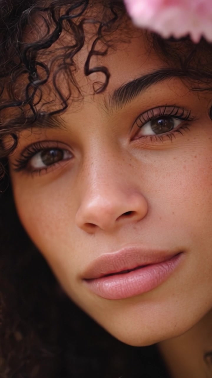 Captivating Close-Up of a Young Woman with Natural Beauty, Highlighting Her Expressive Eyes and Soft Features Against a Subtle Floral Background