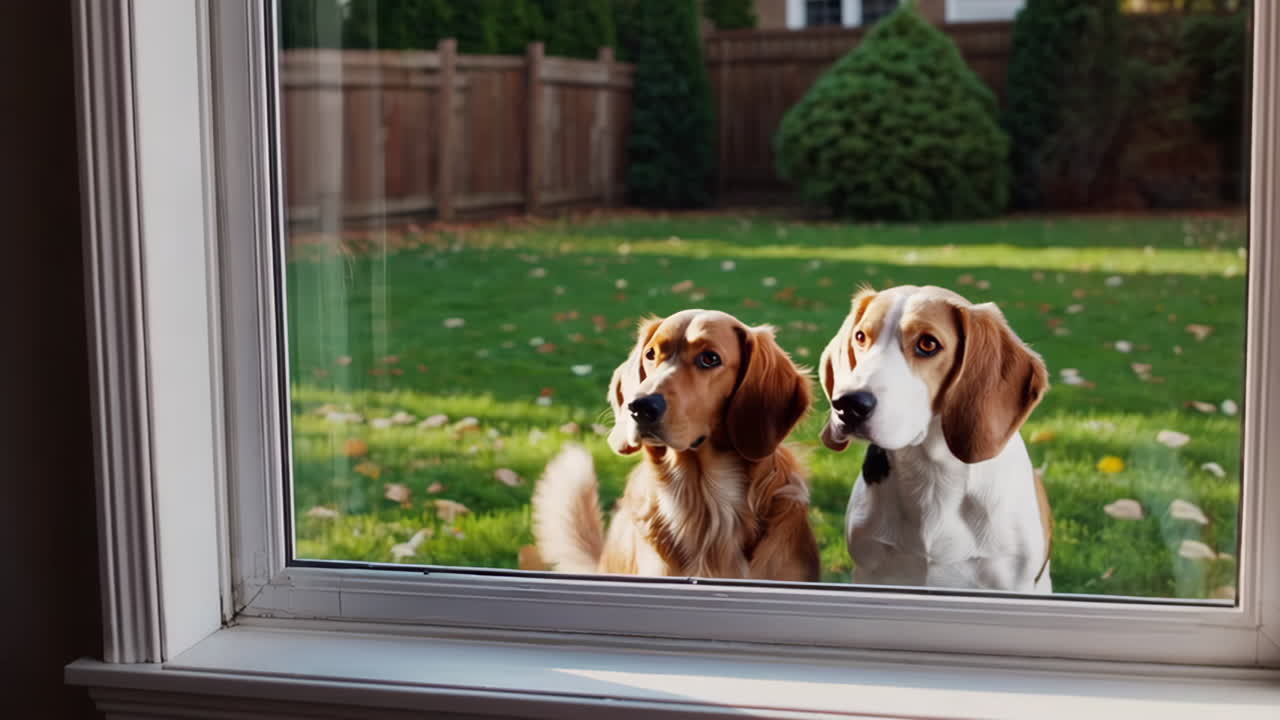 Two dogs looking out a window into a backyard