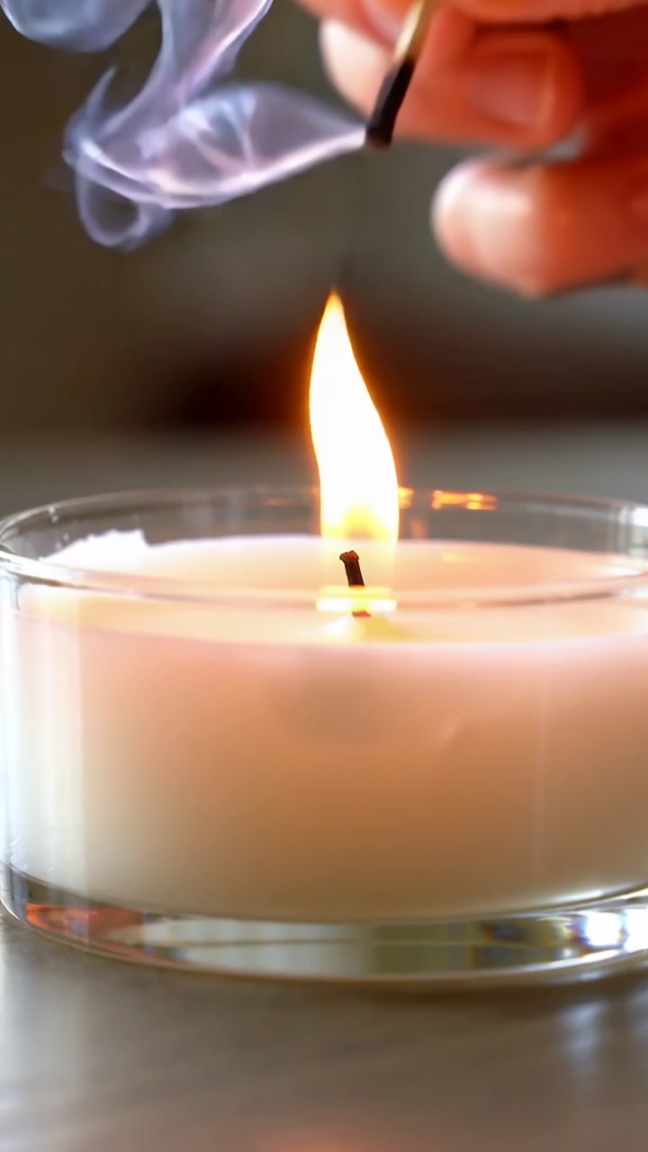 Vertical video: Lighting adult hand bringing burnt match to wick on tabletop, igniting glass candle