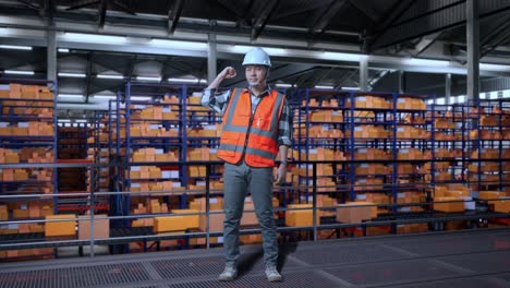 full body of asian male engineer with safety helmet standing in the warehouse with shelves full of delivery goods. flexing his bicep and smiling to camera in the storage