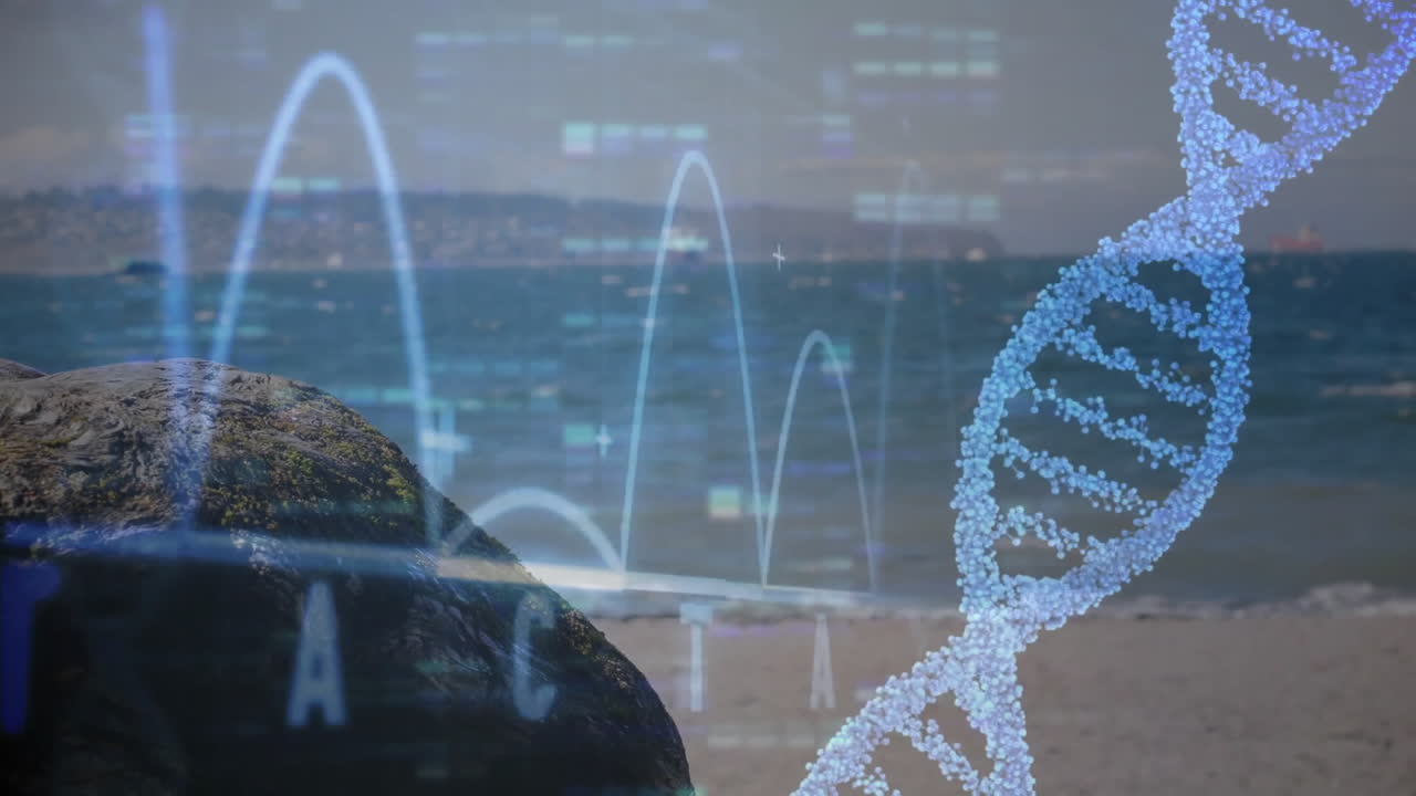 DNA strand processing animation over coastal landscape with data elements floating