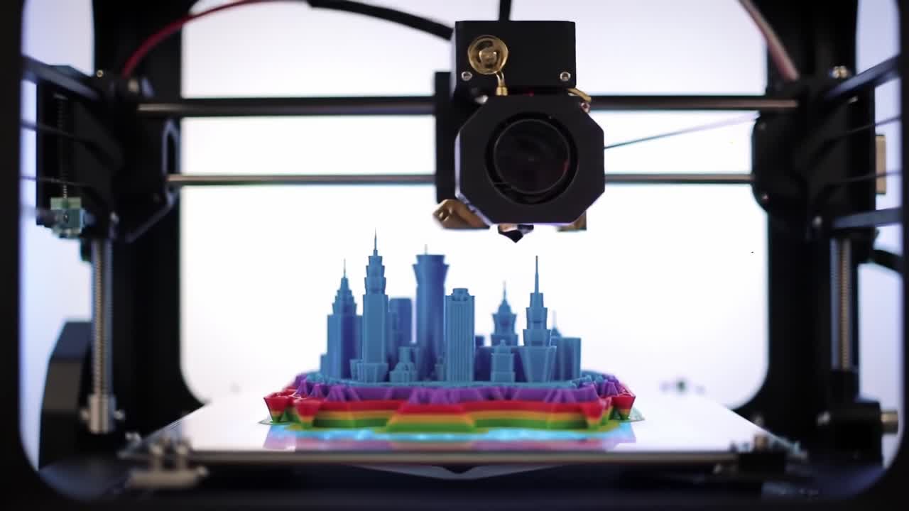 A Captivating View of a 3D Printer in Action Creating an Intricate Model of a Colorful City Skyline with Precision and Detail