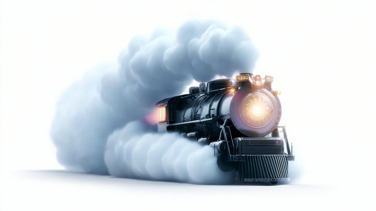 A majestic steam locomotive bursts through a cloud of smoke, showcasing its powerful presence and vintage design, evoking nostalgia for the golden age of train travel