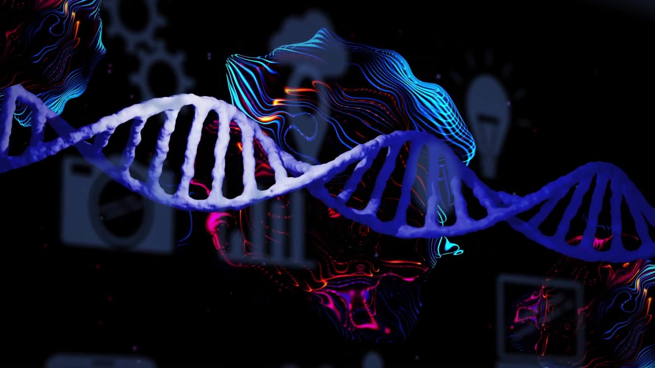 On start, glowing blue DNA helix emerging, rotating and drifting right visualizing genomic data